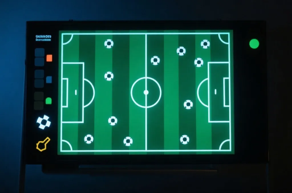 Digital tactics board with illuminated play icons and soccer pitch
